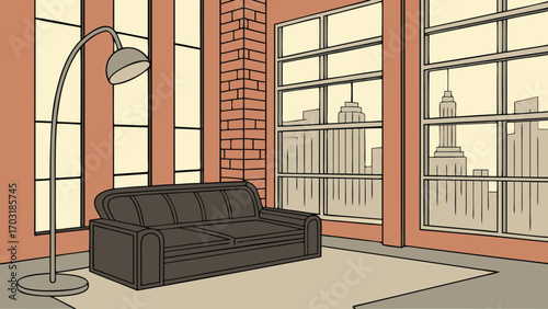 A comfortable brown sofa in a modern living room with large windows.