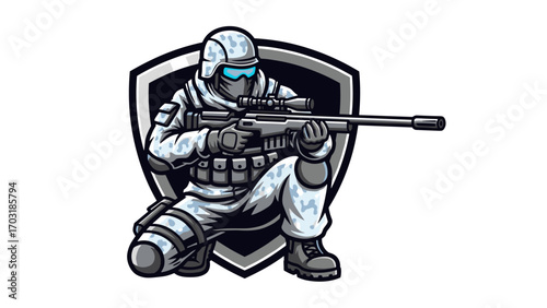 Arctic Special Forces Soldier with Sniper Rifle Aiming Mascot Logo Illustration Vector Design