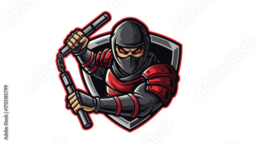 Dynamic Ninja Warrior Mascot Logo Illustration with Nunchaku Weapon