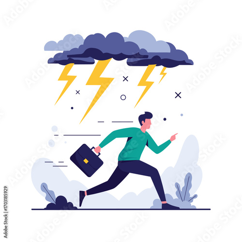 Businessman running from a lightning storm in the sky with dark clouds overhead seeking shelter