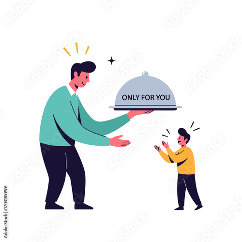 A caring father presents a delicious meal prepared exclusively for his beloved son