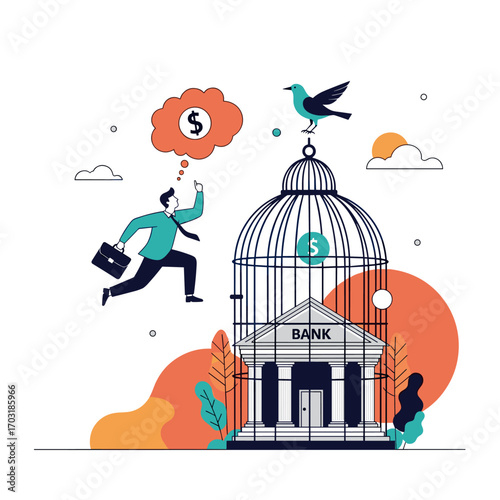 Businessman escaping financial constraints breaking free from bank cage seeking wealth opportunity