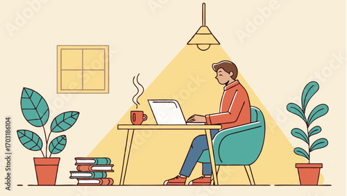 Person working on laptop at a desk with a cup of coffee.