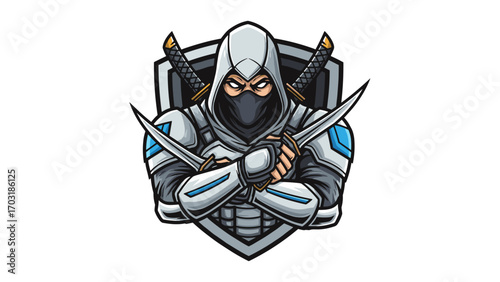 Ninja Assassin Mascot Logo Illustration with Hidden Blades and Mysterious Stance