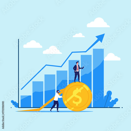 Illustrating financial growth and investment success through upward trends and monetary gains