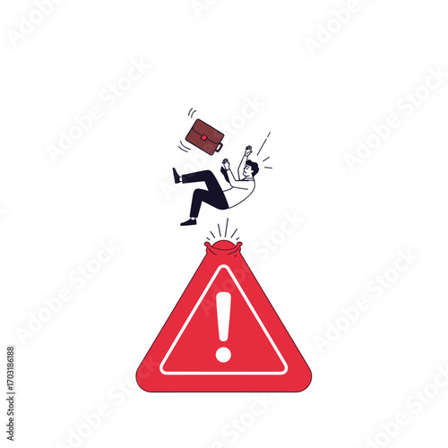 Warning sign indicates potential hazard and falling man symbolizes unexpected danger