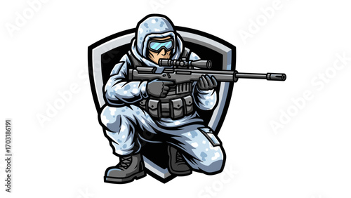 Sniper Soldier Mascot Logo Illustration - Arctic Camouflage and Tactical Gear