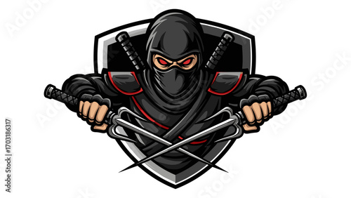 Fierce Ninja Warrior with Crossed Sai Weapons Mascot Logo Illustration for an Esports Clan