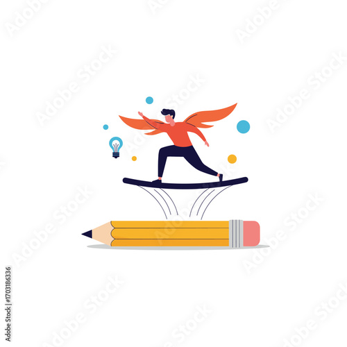 Creative individual soaring with ideas jumping from a giant pencil on a trampoline