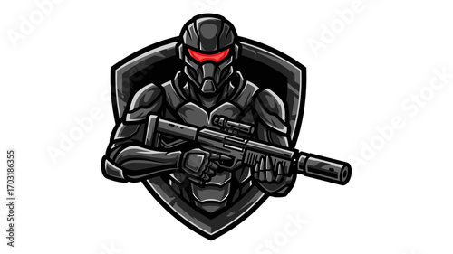 Mascot Logo Illustration Futuristic Soldier with Rifle Shield in a Tactical Design