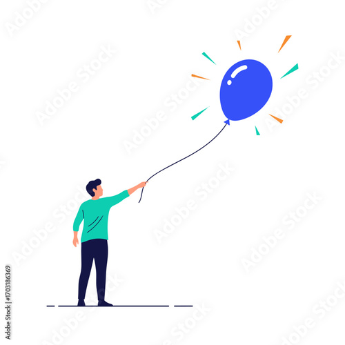 A person lets go of a vibrant blue balloon floating up into a bright sky with radiating lines