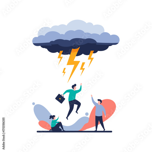Business people facing a storm with lightning strikes from a dark cloud over their heads symbolizing challenges and adversity in the workplace