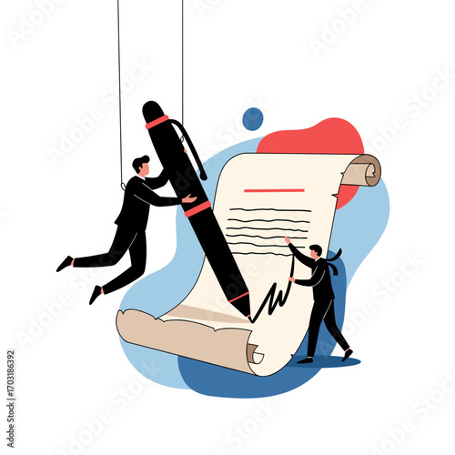 Business people collaborating on a crucial document signing with a giant pen and scroll