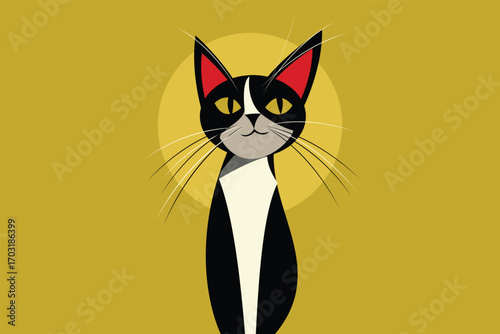 Cute black cat, vector illustration of a cute black cat with expressive features placed on a deep yellow background