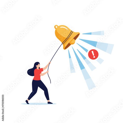 Alert notification bell ringing with exclamation mark symbol and person pulling rope illustration