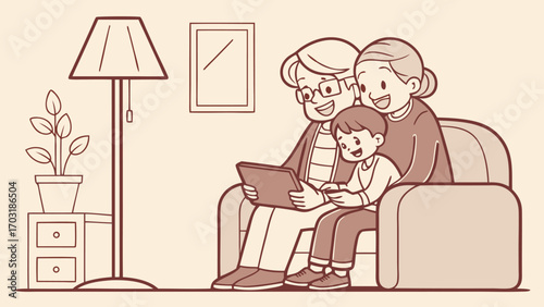 Grandparents and grandchild reading together on a cozy sofa.