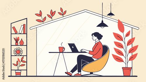 Woman working from home with laptop and plants.