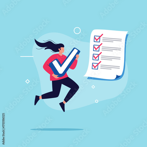 Woman completing a checklist with a large checkmark symbol and task list illustration