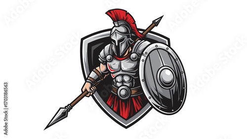 Powerful Spartan Ares Warrior Holding a Spear and Shield Mascot Logo Illustration