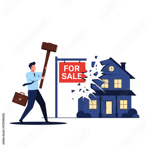 Man with sledgehammer demolishing a for sale house illustrating economic downturn or property crisis