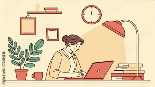 Woman Working on Laptop in Home Office.