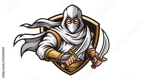 Arabian Ninja Warrior Mascot Logo Illustration with Two Swords and Shield Design