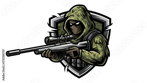 Ghillie Suit Sniper Marksman Aiming a Rifle, a Vector Mascot Logo Illustration