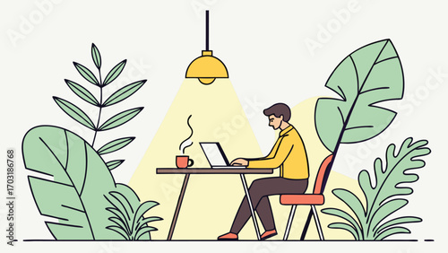 Man working on laptop in a cozy cafe surrounded by plants.