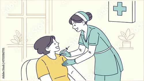 Nurse administering vaccine to a smiling patient.