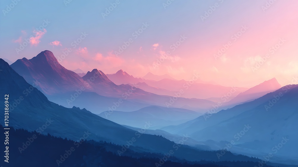 Fototapeta premium Soft hues blend seamlessly across distant mountain ranges, evoki