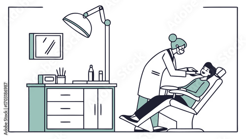 Dentist examining a patient in a dental chair with tools.