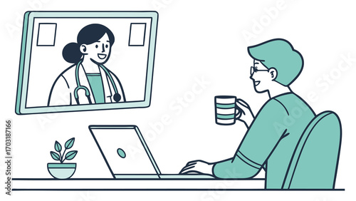 Patient consults doctor online via video call on laptop.