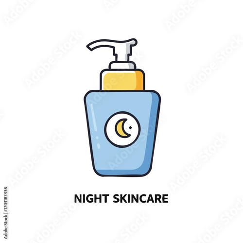 An elegant illustration of a blue pump bottle featuring a crescent moon emblem, symbolizing a soothing night skincare routine for healthy, rejuvenated skin.