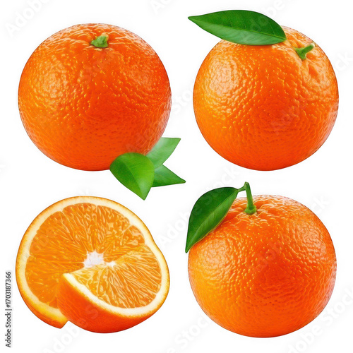set of orange fruits and slices with leaves isolated on white or transparent.