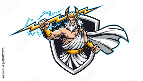 Greek God Zeus Mascot Logo Illustration Holding Lightning Bolt on Shield Background