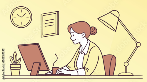 Young woman working on computer at desk with coffee and lamp.