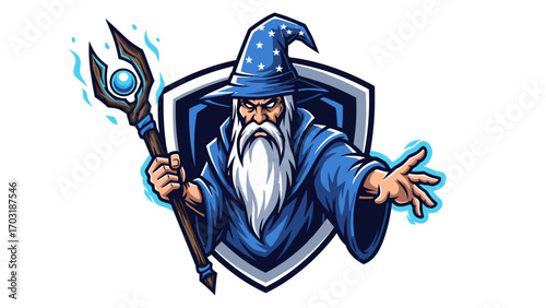 Wizard Mascot Logo Illustration in a Detailed Cartoon Style Featuring a Magic Staff and Shield