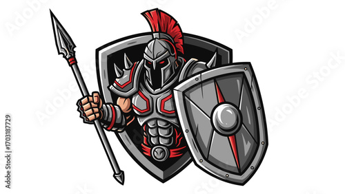 Armored Spartan Gladiator with Spear and Shield Mascot Logo Illustration for Esports Team