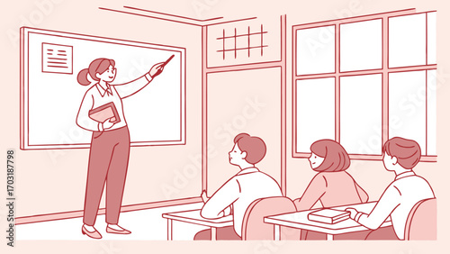 Teacher Explaining Lesson to Students in Classroom Setting.