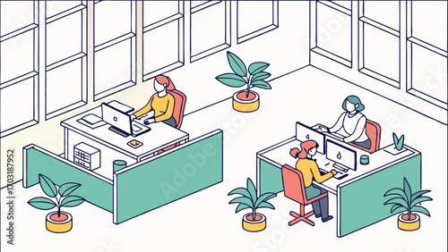 People working in an office environment with computers and plants.