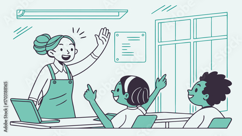 Teacher and students interacting in a classroom setting.