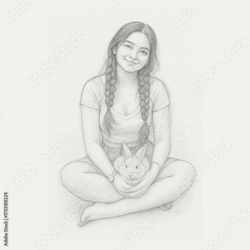 A gentle portrait sketch of a young woman with twin braids, sitting cross-legged in peaceful grace. Her tender smile and soft gaze reflect warmth, while a fluffy rabbit nestled in her lap symbolizes i