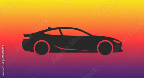 Sleek black coupe silhouette with glowing red accents speeding across a vibrant sunset gradient, embodying modern automotive design and dynamic motion for advertising and branding.