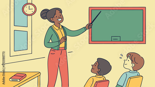 Teacher instructing young students in a classroom setting.