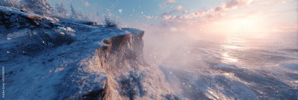 Naklejka premium Serene Winter Coastal Scene with Snow-Covered Cliff and Ocean Waves Under a Colorful Sky at Sunrise