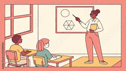 Teacher instructing students in a classroom setting with geometric shapes on the board.