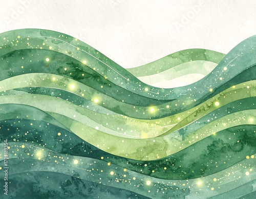 Abstract watercolor waves in shades of green