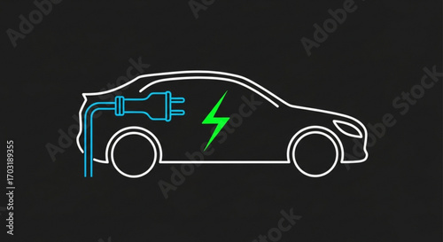 Sleek electric car silhouette charging with a vibrant green lightning bolt symbolizing power and clean energy, perfect for modern transport concepts.