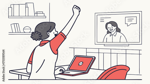 Woman raises hand during online meeting or class, actively participating in virtual discussion.