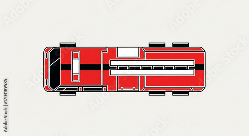Dynamic top-down view of a sleek red fire truck with bold black and white accents, perfect for emergency service promotions and safety campaigns.